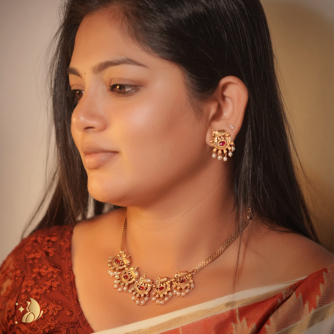 Laviora Temple Treasures Gold Necklace with Ruby & Pearl Drops – Onam Jewellery Necklace 23
