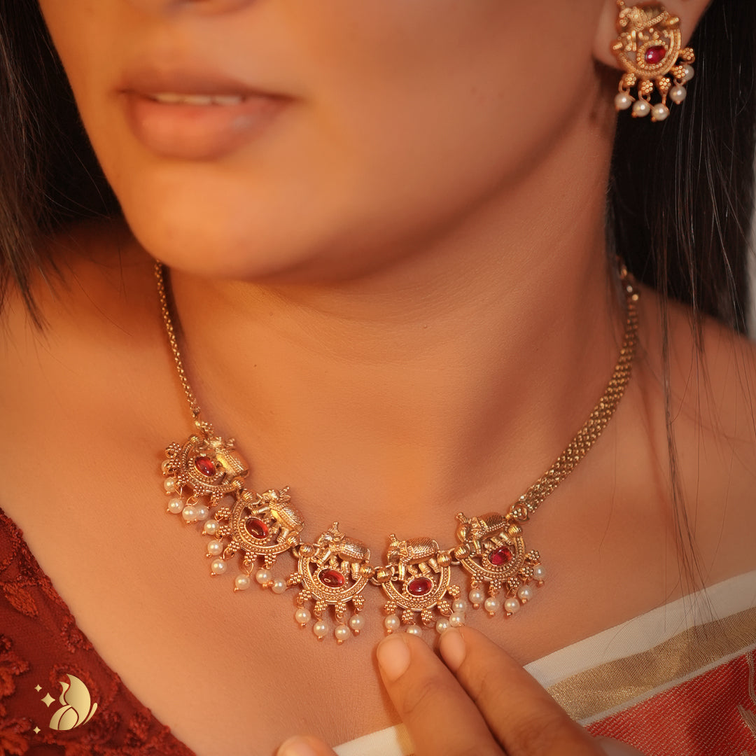 Laviora Temple Treasures Gold Necklace with Ruby & Pearl Drops – Onam Jewellery Necklace 23