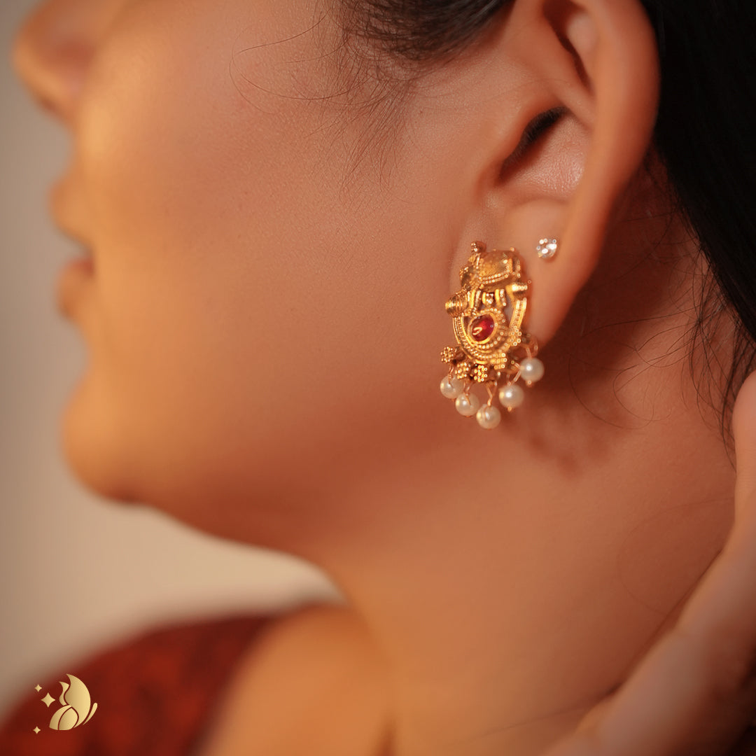 Laviora Temple Treasures Gold Necklace with Ruby & Pearl Drops – Onam Jewellery Necklace 23