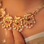 Laviora Temple Treasures Gold Necklace with Ruby & Pearl Drops – Onam Jewellery Necklace 23