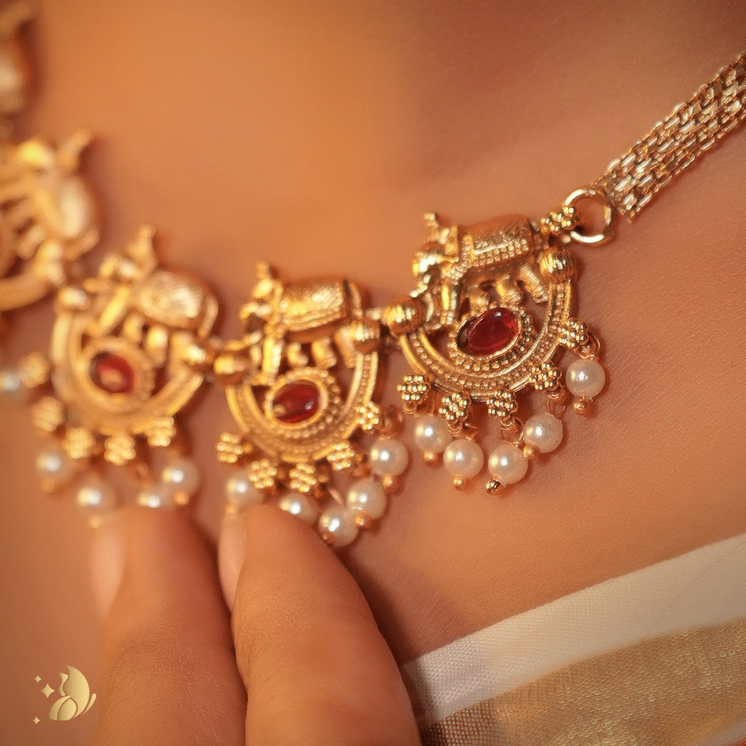Laviora Temple Treasures Gold Necklace with Ruby & Pearl Drops – Onam Jewellery Necklace 23