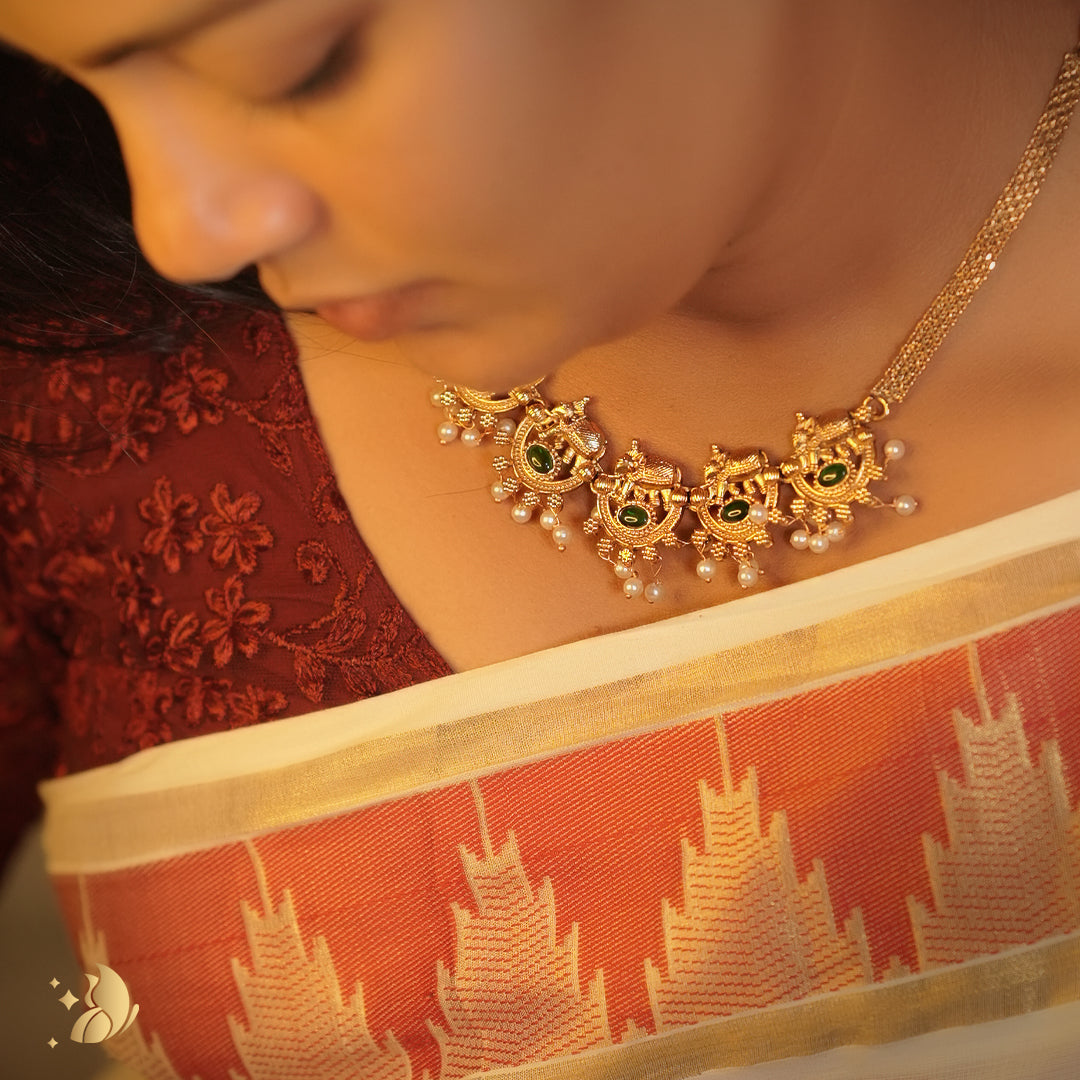 Laviora Divine Heritage Temple Necklace with Emerald & Pearls – Onam Jewellery Necklace 24