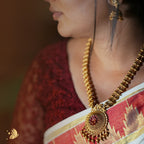Antique Gold Lakshmi Temple Necklace with Ruby Floral Pendant – Onam Jewellery Necklace 7