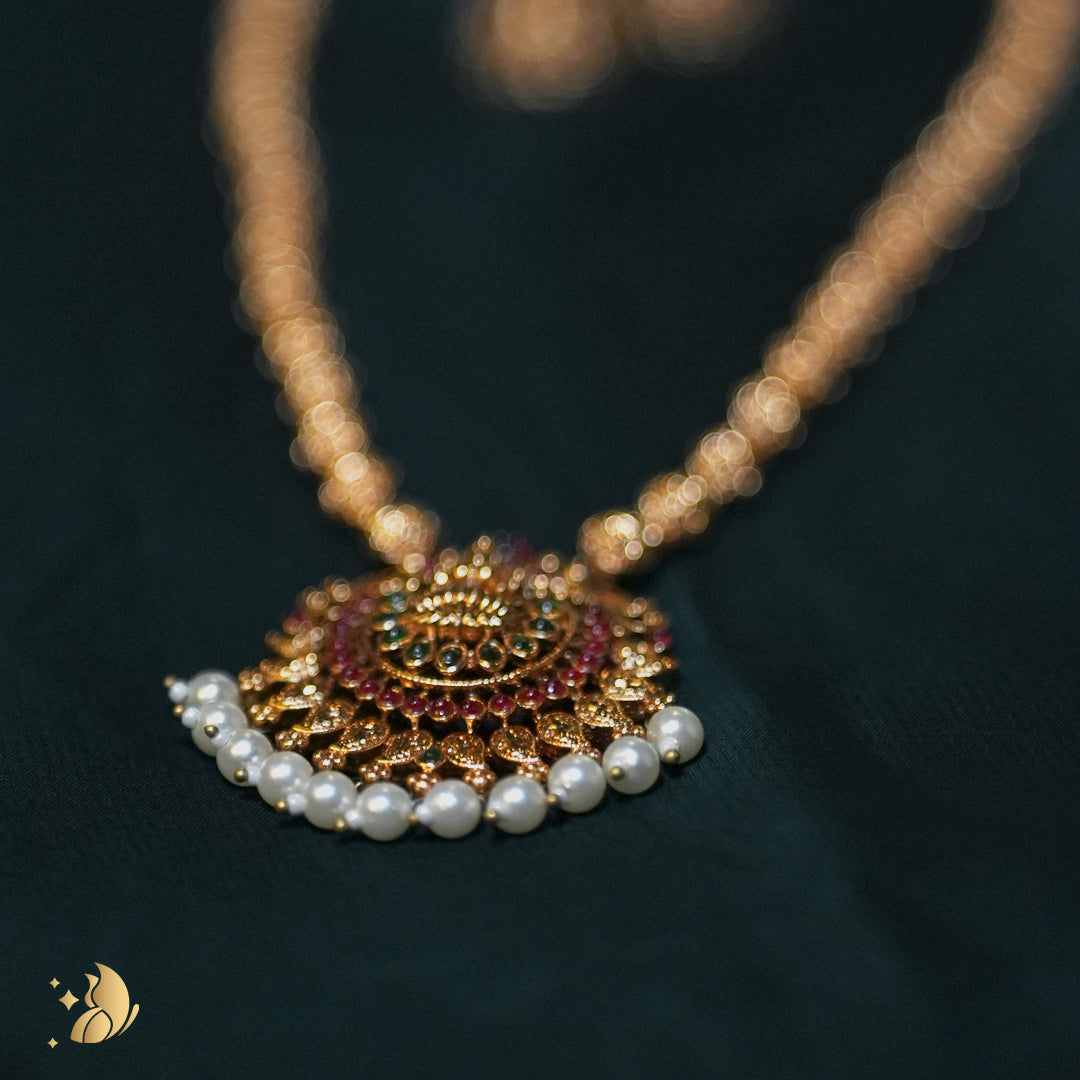 Antique Gold Temple Necklace with Peacock Motif & Pearl Drops – Onam Jewellery Necklace 8