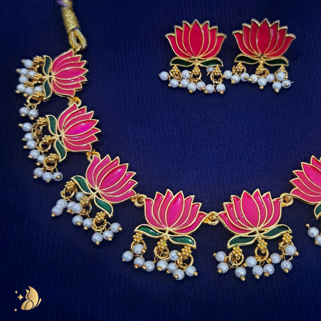 Pink color Lotus Design Matte Gold-Plated Onam Jewellery Chain Necklace Set 9