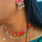 Pink color Lotus Design Matte Gold-Plated Onam Jewellery Chain Necklace Set 9