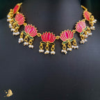 Pink color Lotus Design Matte Gold-Plated Onam Jewellery Chain Necklace Set 9