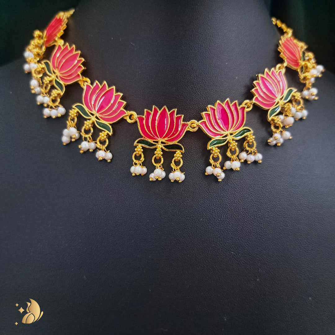 Pink color Lotus Design Matte Gold-Plated Onam Jewellery Chain Necklace Set 9