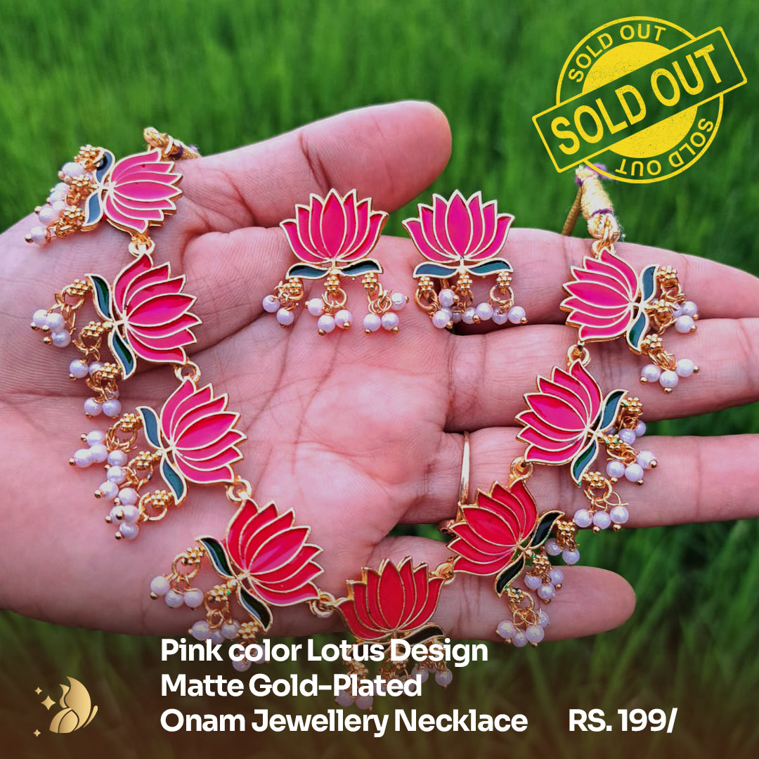Pink color Lotus Design Matte Gold-Plated Onam Jewellery Chain Necklace Set 9